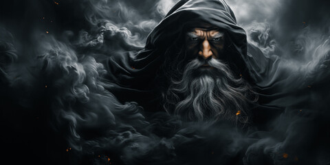 Wall Mural - Portrait of a old mysterious man with a long beard and mustache in a black cloak in the dark smoke