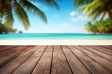 Wooden table top on blur tropical beach background - can be used for display or montage your products. High quality photo