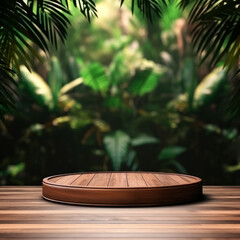 Wooden circle product stand on wooden table in front of blurred tropical background. High quality photo