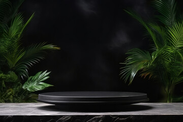 Black marble podium for product presentation with palm leaves on dark background. High quality photo