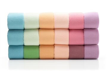 Aufkleber - Set of folded and rolled colorful towels on white.