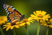 Portrait Of Monarch Butterfly On Yellow Flower. AI Generated