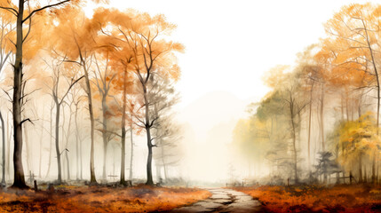 Wall Mural - Digital painting of autumnal forest in misty morning. Panoramic image