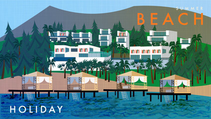 Summer. Beach. landscape. Set of vector illustrations. Typographic poster design and watercolor art on background.