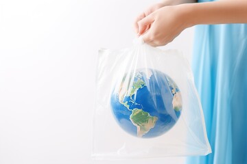 Poster - Woman holding plastic bag with globe and space.