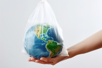 Poster - Woman holding plastic bag with globe and space.