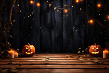 Spooky Halloween Background With Empty Wooden Planks And Pumpkins, Dark Horror Background. AI Generated