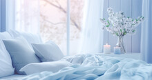 Cozy Light Blue Bedroom With Flowers And Candles. Pillows, Duvet And Duvet Case On A Bed. Blue Bed Linen On A Blue Sofa. Bedroom With Bed And Bedding. Blurred View Of Light Bedroom With Big Window, Ai