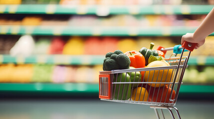 Wall Mural - woman hand hold supermarket shopping cart with abstract blur organic fresh fruits and vegetable on shelves in grocery store defocused bokeh light background