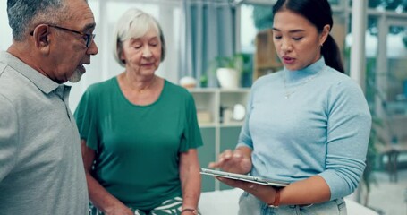 Sticker - Physiotherapy conversation, couple and a doctor with a tablet for a consultation and retirement healthcare. Planning, interracial man and woman speaking to a physiotherapist with tech for advice