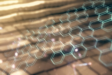 Poster - Double exposure of abstract virtual technology hologram with hexagon on blurry metal background. Research and development software concept