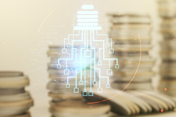 Poster - Double exposure of virtual creative light bulb hologram with chip on growing stacks of coins background, idea and brainstorming concept