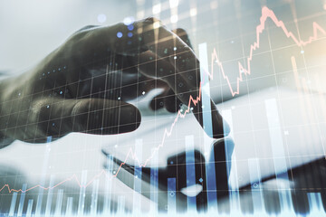 Poster - Multi exposure of abstract creative financial chart with finger presses on a digital tablet on background, research and analytics concept