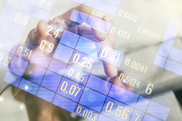 Poster - Multi exposure of abstract statistics data hologram interface and hand working with a digital tablet on background, computing and analytics concept