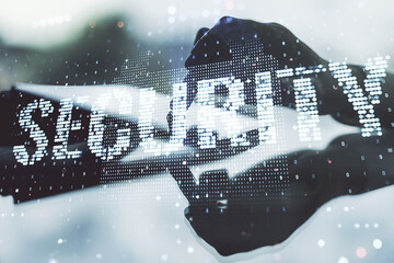 Poster - Cyber security creative concept with finger clicks on a digital tablet on background. Double exposure