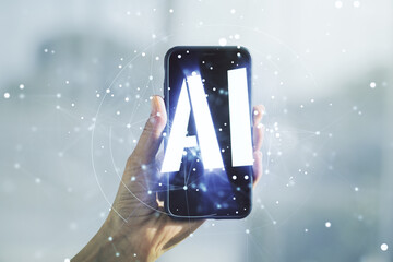 Poster - Creative artificial Intelligence symbol concept and hand with phone on background. Multiexposure