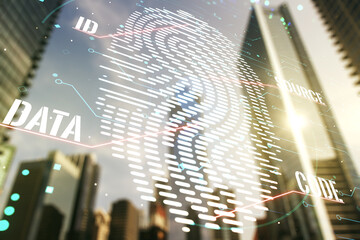 Aufkleber - Double exposure of virtual creative fingerprint hologram on modern skyscrapers background, research and development concept