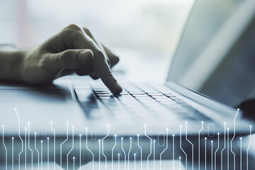 Aufkleber - Creative concept of microscheme illustration and hands typing on laptop on background. Big data and database concept. Multiexposure
