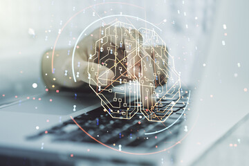 Poster - Double exposure of creative human brain microcircuit with hand typing on computer keyboard on background. Future technology and AI concept