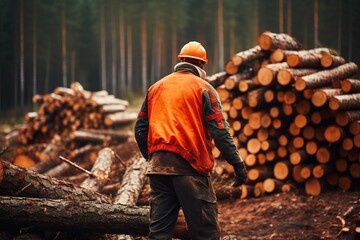 Woodcutter working in the forest and stacked logs