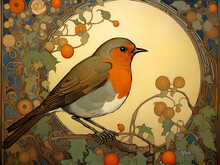 Decorative Art Nouveau Illustration Of A Robin In Profile In An Ornate Floral Nature Background