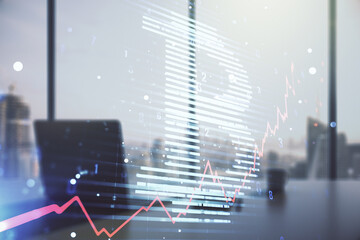 Poster - Double exposure of creative Bitcoin symbol and modern desktop with laptop on background. Cryptocurrency concept