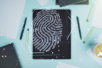 Poster - Multi exposure of abstract creative fingerprint illustration and modern digital tablet on background, top view, digital access concept