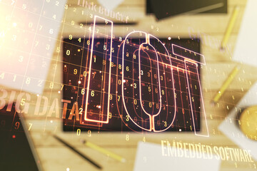 Poster - Creative IOT illustration and modern digital tablet on desktop on background, top view, future technology concept. Multiexposure