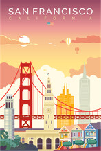 San Francisco City Sunset Vintage Poster Vector Illustration, California.