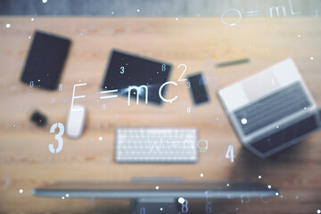 Poster - Creative scientific formula concept on modern laptop background. Multiexposure