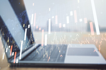 Poster - Multi exposure of abstract financial graph with world map on modern computer background, financial and trading concept