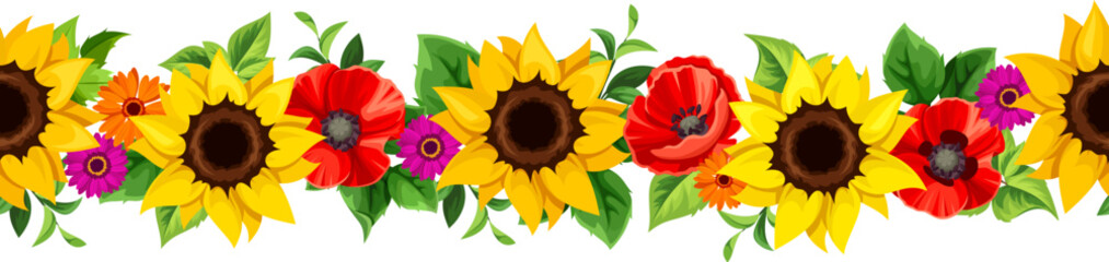 Wall Mural - floral seamless border with sunflowers, poppy flowers, and green leaves. vector horizontal seamless 