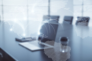 Poster - Double exposure of abstract digital world map with connections on laptop background, research and strategy concept