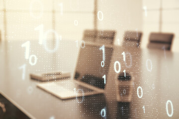 Aufkleber - Creative abstract binary code sketch on modern laptop background, hacking and matrix concept. Multiexposure