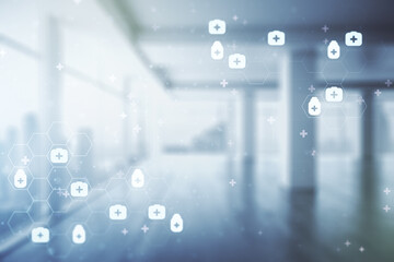 Poster - Abstract virtual medical hologram on modern interior background, online medical consulting concept. Multiexposure