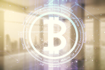 Poster - Double exposure of creative Bitcoin symbol hologram on empty room interior background. Mining and blockchain concept