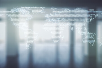 Poster - Double exposure of abstract digital world map hologram on empty room interior background, big data and blockchain concept