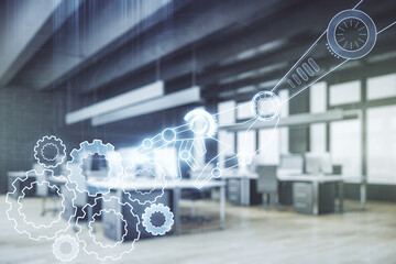 Aufkleber - Abstract virtual robotics technology hologram on a modern furnished office background. Robot development and automation concept. Multiexposure