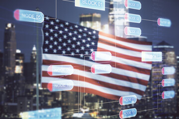 Poster - Multi exposure of abstract creative coding sketch on USA flag and blurry cityscape background, artificial intelligence and neural networks concept