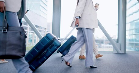 Wall Mural - Airport suitcase, walking legs and business people travel to airplane, flight booking or staff transportation journey. luggage bag, plane departure and professional group steps on corporate work trip