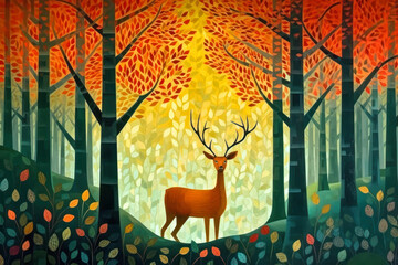 Wall Mural - illustration of deer standing in autumn forest