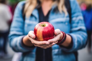 Wall Mural - cropped shot of a woman holding an apple at the farmers market