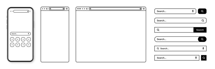 Smartphone, web browser, internet page window with toolbar and search bar, field. Modern website in flat style, line art. Blank browser mockup for computer, tablet and smartphone. Vector illustration