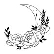 Vector line art mystical celestial magic witchcraft elements. Esoteric crescent moon, peony rose, leaves stars, line art.