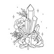 Vector line art mystical celestial magic witchcraft elements. Esoteric crystals, peony roses, stars, leaves, line art.