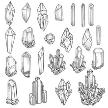 Set Of Geometric Black Outline Crystals Vector Illustration Isolated On White Background. Alternative Medicine, Magic, Crystal Healing, Astrology