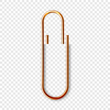 Realistic Copper Paperclip Attached To Paper Isolated On White Background. Shiny Metal Paper Clip, Page Holder, Binder. Workplace Office Supplies. Vector Illustration