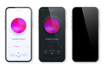 Wall Mural - Online audio player user interface, smartphone app UI design. Music, media streaming and listening platform. Responsive mobile application. Neumorphism, neumorphic style. Vector illustration.