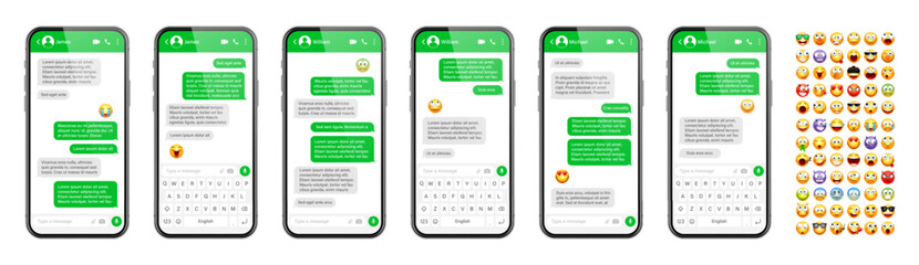 Smartphone messaging app, user interface design with emoji. SMS text frame. Chat screen with green message bubbles. Texting app for communication. Social media application. Vector illustration