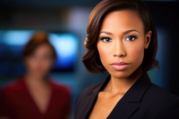 portrait of a female news anchor with her co worker in the background